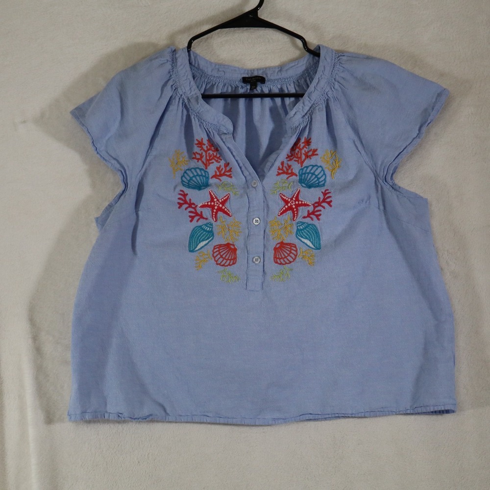 Talbots Petite XLP Blue Embroidered Seashell Starfish Top Cap Sleeve Coastal